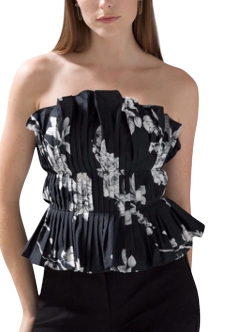 White House Black Market Black/ white & Black Floral Pleated Strap Women's Top